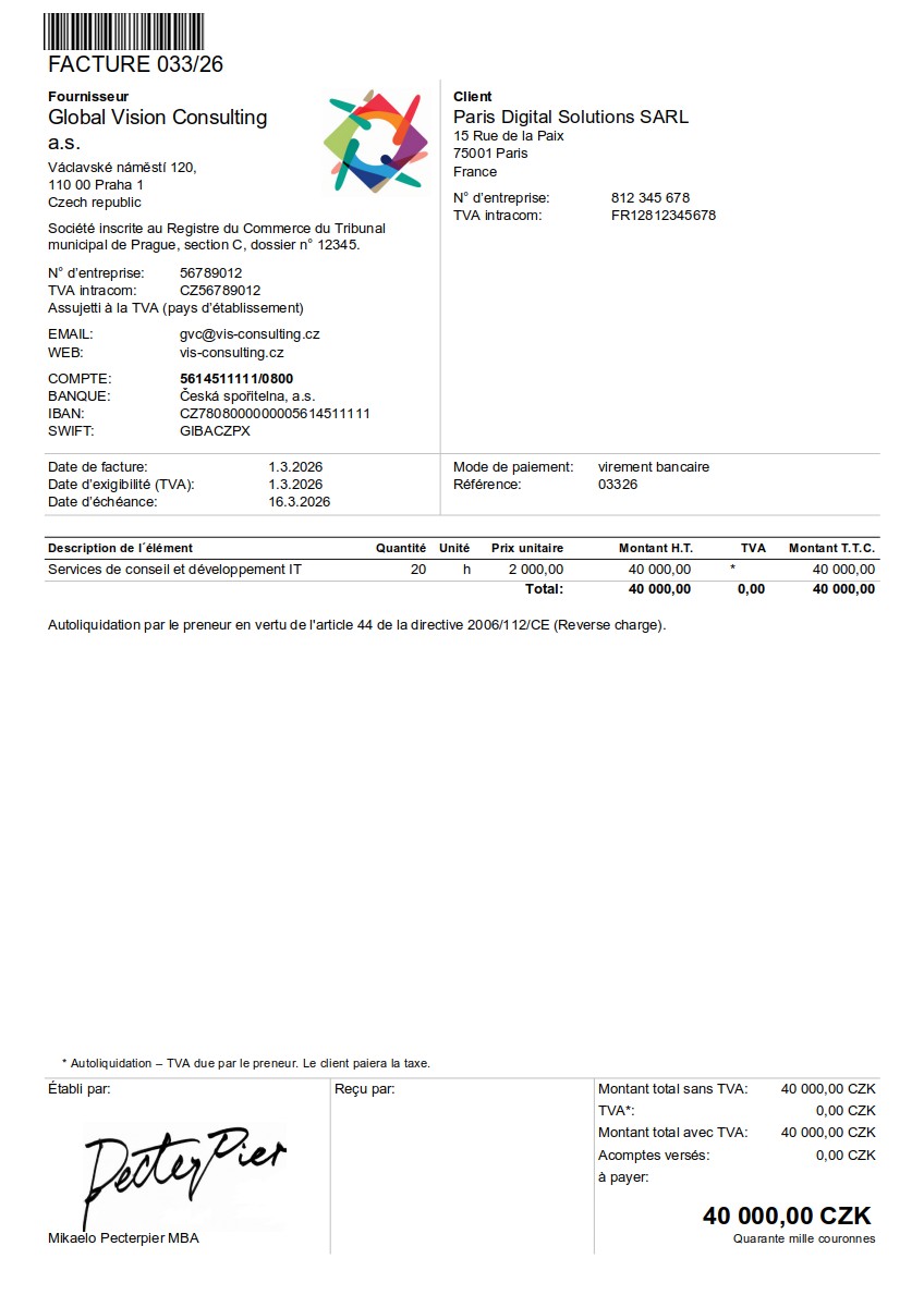 Vzor faktury v francouzština (Facture) – faktura do FR