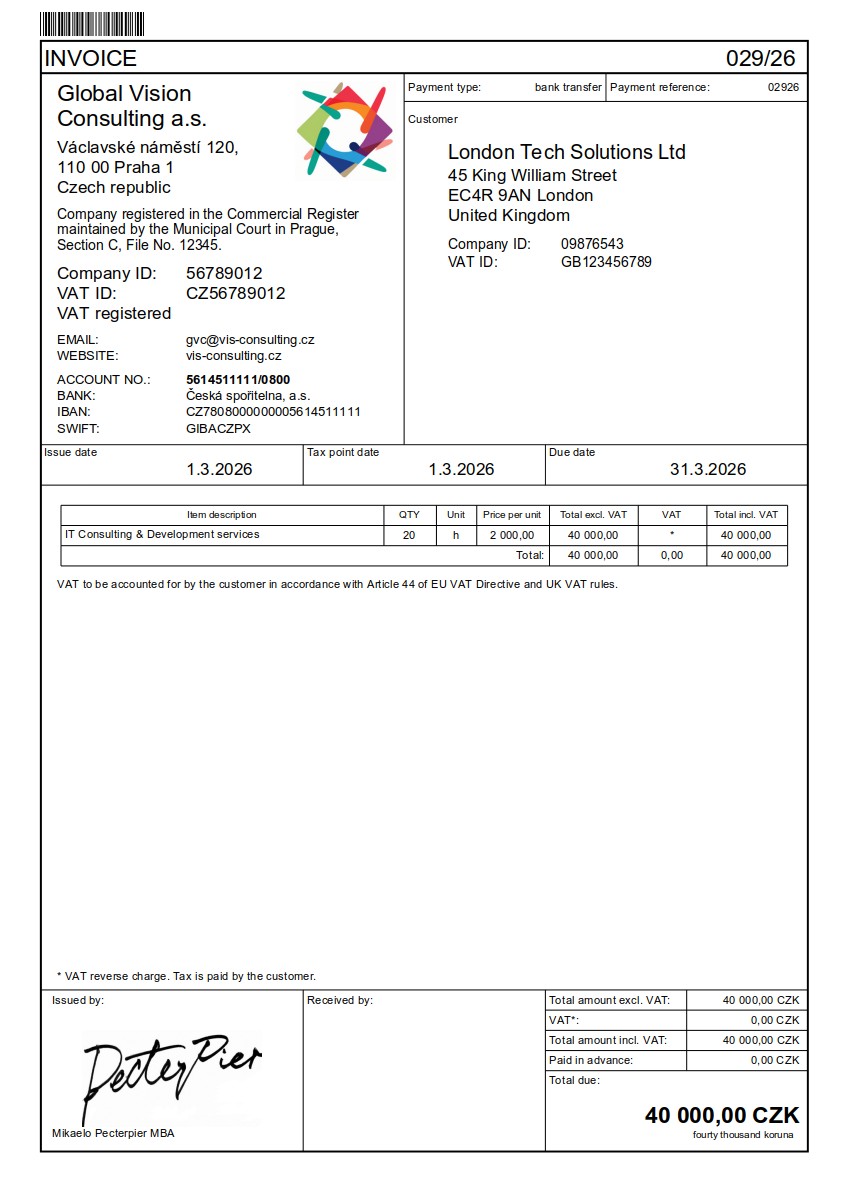 Vzor faktury v angličtina (Invoice) – faktura do UK, US, CA, AU, NZ