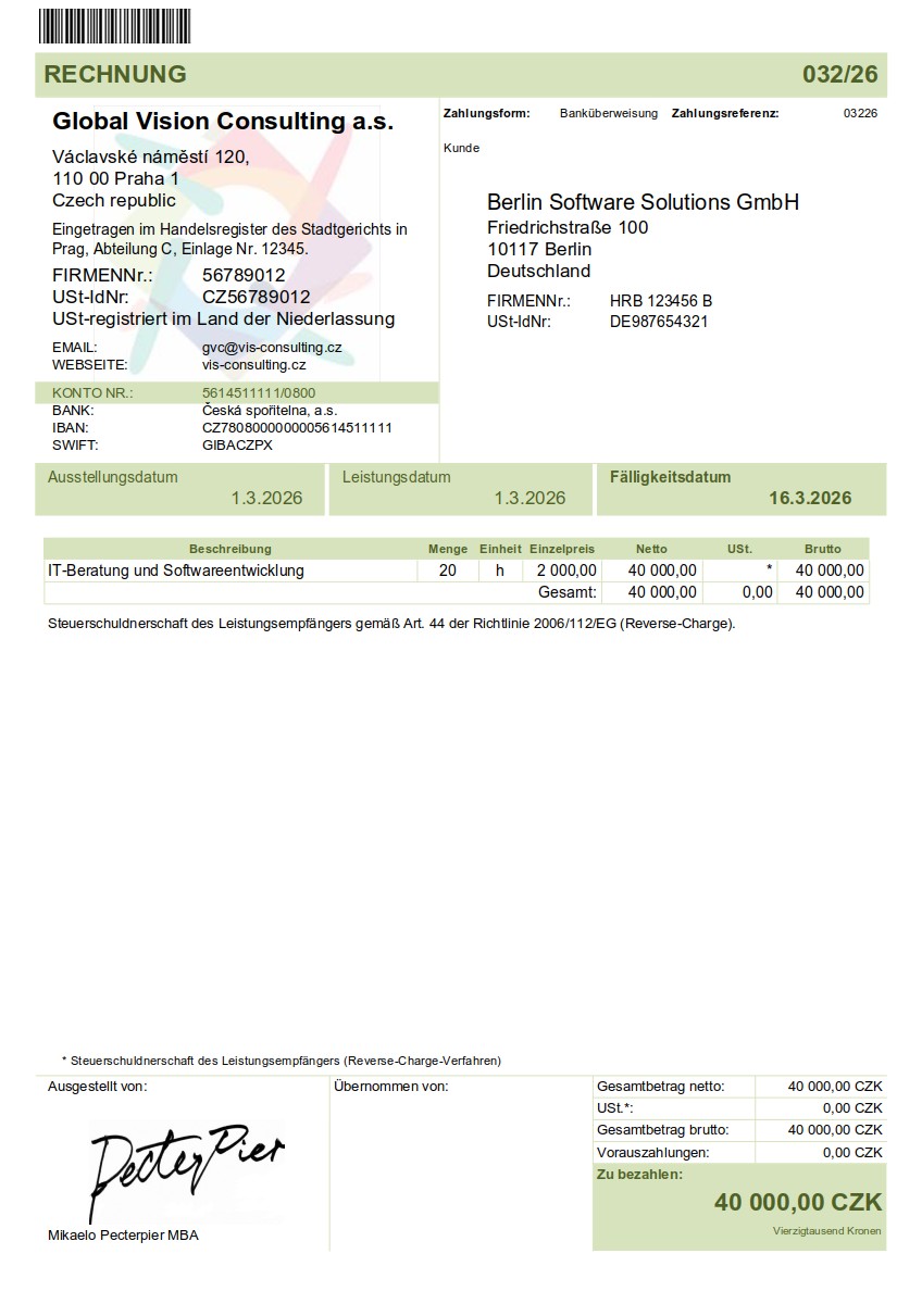 Vzor faktury v němčina (Rechnung) – faktura do DE, AT, CH
