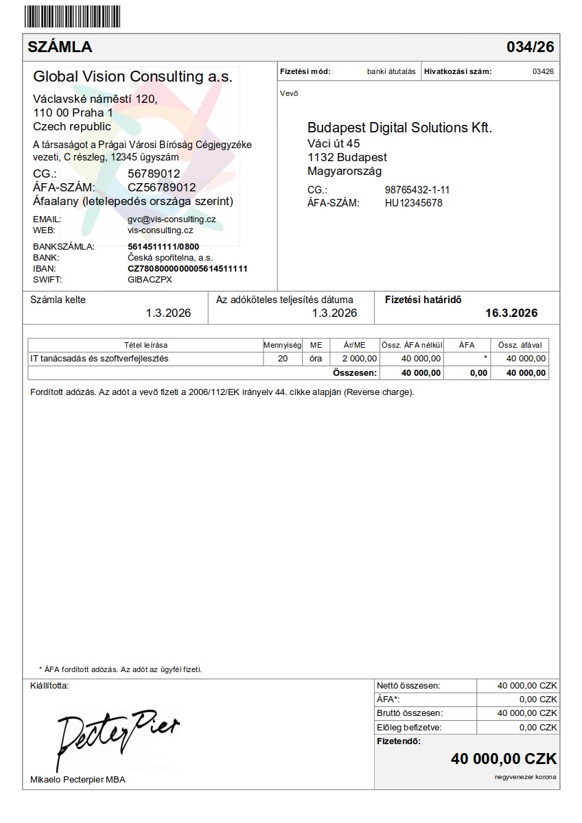 Vzor faktury v maďarština (Számla) – faktura do HU